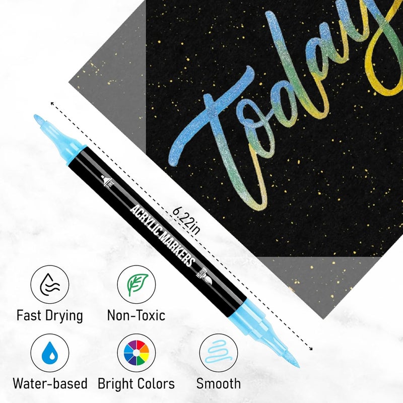 Pagather 24 Metallic Colors Acrylic Paint Markers, Dual Tip with Fine Tip and Brush Tip Pens for Stone, Wood, Calligraphy, Canvas, Ceramic, Metal, Glass, Rock Painting, DIY Crafts - Image 3